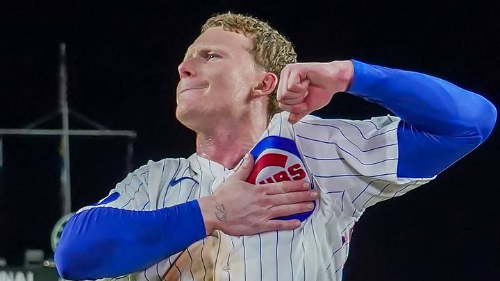 Aug 17, 2026; Chicago, Illinois, USA; Chicago Cubs center fielder Pete Crow-Armstrong (4) gestures to the fans after his walk-off two-run home run home run against the Chicago White Sox during the tenth inning at Wrigley Field. Mandatory Credit: David Banks-Imagn Images