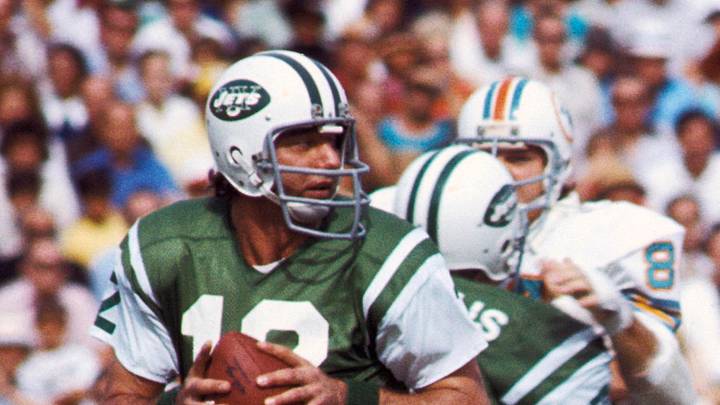 Nov 19, 1972; Miami, FL, USA; FILE PHOTO; New York Jets quarterback Joe Namath (12) in action against the Miami Dolphins at the Orange Bowl. The Dolphins defeated the Jets 28-24. Mandatory Credit: Malcolm Emmons-USA TODAY Sports Nov 19, 1972; Miami, FL, USA; FILE PHOTO; New York Jets quarterback Joe Namath (12) in action against the Miami Dolphins at the Orange Bowl. The Dolphins defeated the Jets 28-24. Mandatory Credit: Malcolm Emmons-USA TODAY Sports