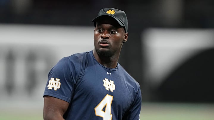 Jan 18, 2025; Atlanta, GA, USA; Notre Dame Fighting Irish running back Jeremiyah Love (4) during practice at Mercedes-Benz Stadium. Jan 18, 2025; Atlanta, GA, USA; Notre Dame Fighting Irish running back Jeremiyah Love (4) during practice at Mercedes-Benz Stadium.