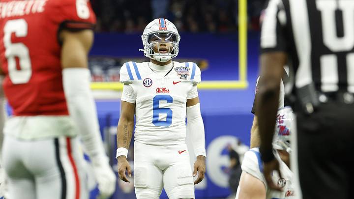 Jan 1, 2026; New Orleans, LA, USA; Mississippi Rebels quarterback Trinidad Chambliss (6) prepares for a snap in the second half during the 2026 Sugar Bowl and quarterfinal game of the College Football Playoff against the Georgia Bulldogs at Caesars Superdome. Mandatory Credit: Amber Searls-Imagn Images