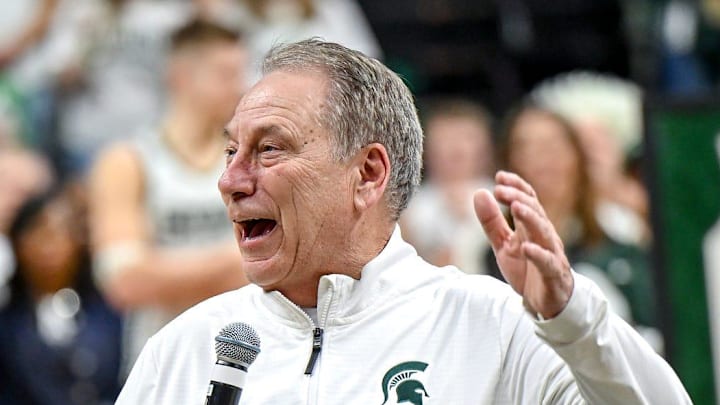 Michigan State's head coach Tom Izzo talks to the fans during the senior night ceremony after the Spartans win over Rutgers on Thursday, March 5, 2026, at the Breslin Center in East Lansing.