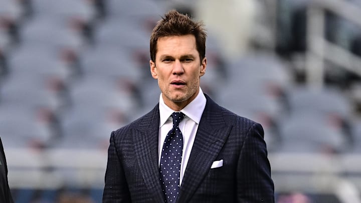 Nov 17, 2024; Chicago, Illinois, USA; Former quarterback and current NFL announcer Tom Brady looks on before the game between the Chicago Bears and Green Bay Packers at Soldier Field. Mandatory Credit: Daniel Bartel-Imagn Images