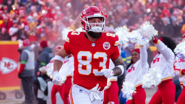 Jan 26, 2025; Kansas City, MO, USA; Kansas City Chiefs tight end Noah Gray (83) against the Buffalo Bills in the AFC Championship game at GEHA Field at Arrowhead Stadium. Mandatory Credit: Mark J. Rebilas-Imagn Images