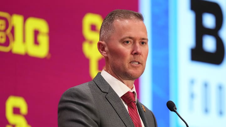 Jul 24, 2025; Las Vegas, NV, USA; USC head coach Lincoln Riley speaks to the media during the Big Ten NCAA college football media days at Mandalay Bay Resort. Mandatory Credit: Lucas Peltier-Imagn Images