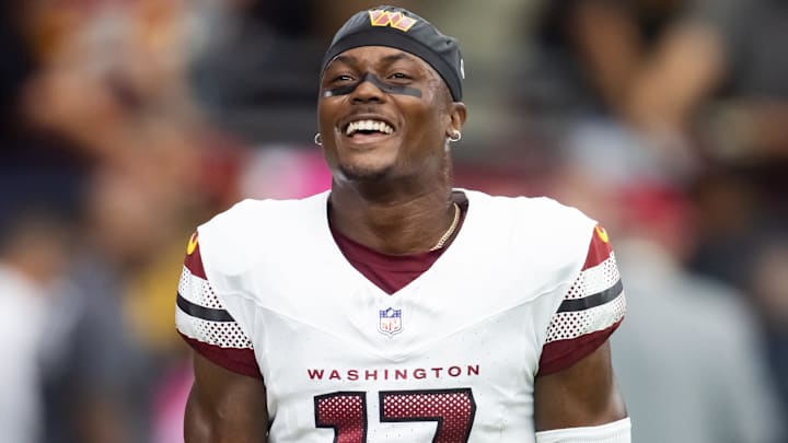 Sep 29, 2024; Glendale, Arizona, USA; Washington Commanders wide receiver Terry McLaurin (17) against the Arizona Cardinals at State Farm Stadium. Mandatory Credit: Mark J. Rebilas-Imagn Images