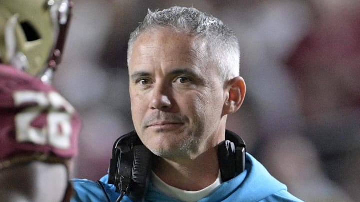 Nov 1, 2025; Tallahassee, Florida, USA; Florida State Seminoles head coach Mike Norvell celebrates a touchdown during the fourth quarter against the Wake Forest Demon Deacons at Doak S. Campbell Stadium. Mandatory Credit: Melina Myers-Imagn Images