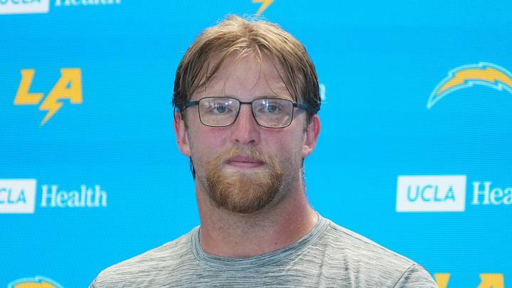 Aug 18, 2026; El Segundo, CA, USA; Los Angeles Chargers center Jake Slaughter (66) at press conference during joint practice with the San Francisco 49ers at The Bolt. Mandatory Credit: Kirby Lee-Imagn Images Aug 18, 2026; El Segundo, CA, USA; Los Angeles Chargers center Jake Slaughter (66) at press conference during joint practice with the San Francisco 49ers at The Bolt. Mandatory Credit: Kirby Lee-Imagn Images