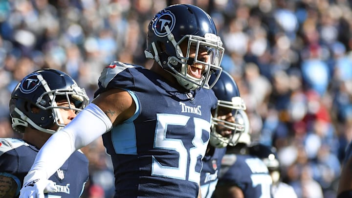 Dec 12, 2021; Nashville, Tennessee, USA; Tennessee Titans outside linebacker Harold Landry (58) celebrates after a sack during the first half against the Jacksonville Jaguars at Nissan Stadium. Mandatory Credit: Christopher Hanewinckel-Imagn Images