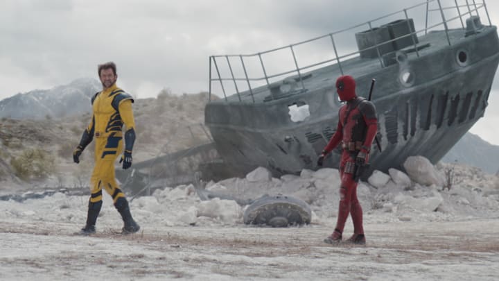 (L-R): Hugh Jackman as Wolverine/Logan and Ryan Reynolds as Deadpool/Wade Wilson in 20th Century Studios/Marvel Studios' DEADPOOL & WOLVERINE. Photo courtesy of 20th Century Studios/Marvel Studios. © 2024 20th Century Studios / © and ™ 2024 MARVEL.