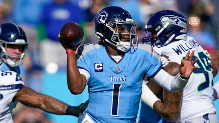 Nov 23, 2025; Nashville, Tennessee, USA; Tennessee Titans quarterback Cam Ward (1) looks to pass during the first quarter against the Seattle Seahawks at Nissan Stadium. Mandatory Credit: Denny Simmons-USA TODAY Network via Imagn Images