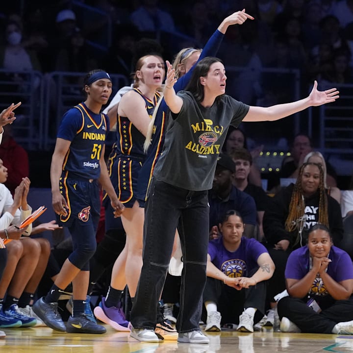 Indiana Fever guard Caitlin Clark (22) reacts from the bench on August 5, 2025