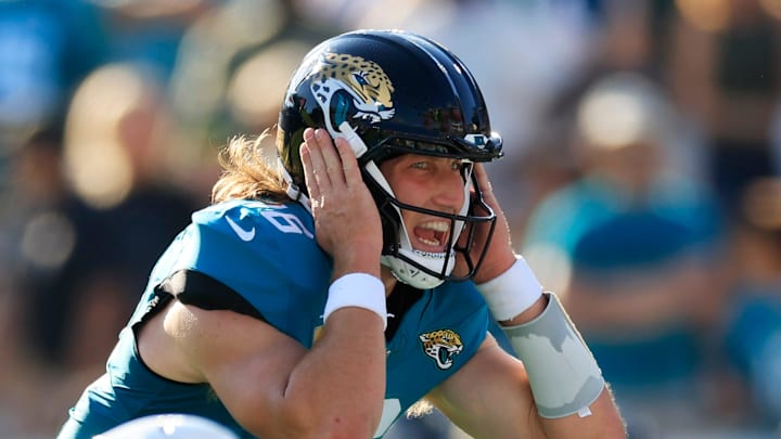 Jacksonville Jaguars quarterback Trevor Lawrence (16) calls a play during the fourth quarter of an NFL football game at EverBank Stadium, Sunday, Nov. 16, 2025 in Jacksonville, Fla. The Jacksonville Jaguars defeated the Los Angeles Chargers 35-6. [Corey Perrine/Florida Times-Union]