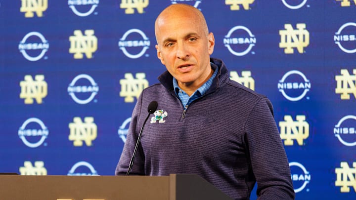 Pete Bevacqua, athletic director for the University of Notre Dame, announces Pat Garrity as the new men's and women's basketball general manager, during a press conference at Notre Dame Stadium on Thursday, May 22, 2025, in South Bend. Pete Bevacqua, athletic director for the University of Notre Dame, announces Pat Garrity as the new men's and women's basketball general manager, during a press conference at Notre Dame Stadium on Thursday, May 22, 2025, in South Bend.