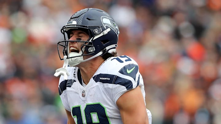 Oct 15, 2023; Cincinnati, Ohio, USA;  Seattle Seahawks wide receiver Jake Bobo (19) celebrates after his long catch and run during the third quarter against the Cincinnati Bengals at Paycor Stadium. Mandatory Credit: Joseph Maiorana-Imagn Images
