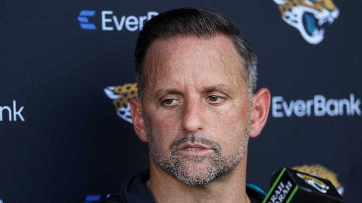 Jul 24, 2025; Jacksonville, FL, USA; Jacksonville Jaguars defensive coordinator Anthony Campanile talks to media during training camp at Miller Electric Center. Mandatory Credit: Nathan Ray Seebeck-Imagn Images
