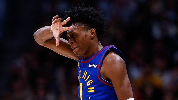 Denver Nuggets forward Peyton Watson (8) reacts after a basket in the third quarter against the Chicago Bulls at Ball Arena on March 24, 2025.