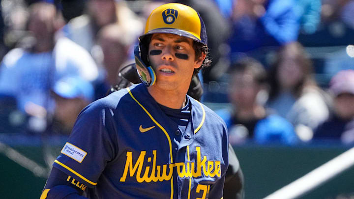 Apr 5, 2026; Kansas City, Missouri, USA; Milwaukee Brewers designated hitter Christian Yelich (22) reacts after striking out against the Kansas City Royals during the third inning at Kauffman Stadium. Mandatory Credit: Denny Medley-Imagn Images Apr 5, 2026; Kansas City, Missouri, USA; Milwaukee Brewers designated hitter Christian Yelich (22) reacts after striking out against the Kansas City Royals during the third inning at Kauffman Stadium. Mandatory Credit: Denny Medley-Imagn Images