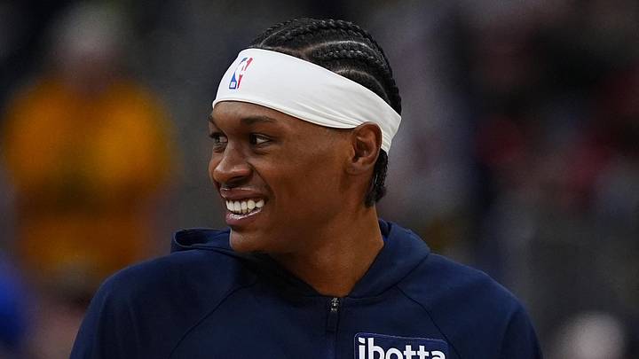 Mar 22, 2026; Denver, Colorado, USA; Denver Nuggets guard Peyton Watson (8) smiles before the game against the Portland Trail Blazers at Ball Arena. Mandatory Credit: Ron Chenoy-Imagn Images