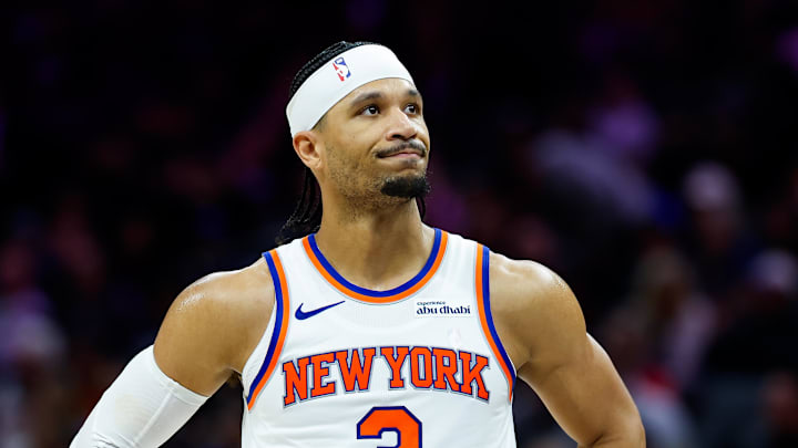 Jan 14, 2026; Sacramento, California, USA; New York Knicks guard Josh Hart (3) reacts after a play during the third quarter against the Sacramento Kings at Golden 1 Center. Mandatory Credit: Sergio Estrada-Imagn Images