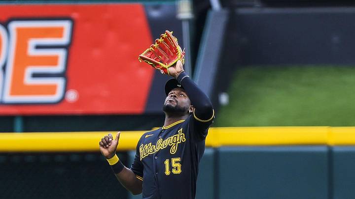 Apr 1, 2026; Cincinnati, Ohio, USA; Pittsburgh Pirates outfielder Oneil Cruz (15) catches a fly out hit by Cincinnati Reds outfielder Will Benson (not pictured) in the second inning at Great American Ball Park. Mandatory Credit: Katie Stratman-Imagn Images
