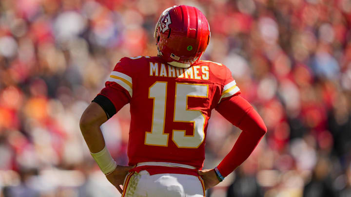 Oct 19, 2025; Kansas City, Missouri, USA; Kansas City Chiefs quarterback Patrick Mahomes (15) reacts during the first half against the Las Vegas Raiders at GEHA Field at Arrowhead Stadium. Mandatory Credit: Jay Biggerstaff-Imagn Images Oct 19, 2025; Kansas City, Missouri, USA; Kansas City Chiefs quarterback Patrick Mahomes (15) reacts during the first half against the Las Vegas Raiders at GEHA Field at Arrowhead Stadium. Mandatory Credit: Jay Biggerstaff-Imagn Images