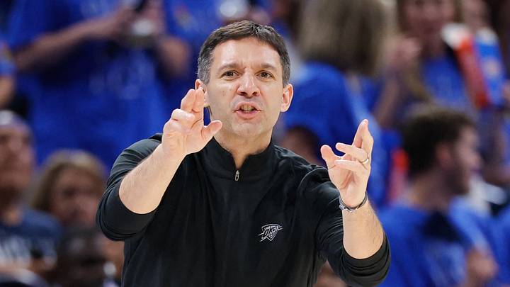 May 18, 2026; Oklahoma City, Oklahoma, USA; Oklahoma City Thunder head coach Mark Daigneault reacts during the third quarter against the San Antonio Spurs during game one of the western conference finals for the 2026 NBA playoffs at Paycom Center. Mandatory Credit: Alonzo Adams-Imagn Images May 18, 2026; Oklahoma City, Oklahoma, USA; Oklahoma City Thunder head coach Mark Daigneault reacts during the third quarter against the San Antonio Spurs during game one of the western conference finals for the 2026 NBA playoffs at Paycom Center. Mandatory Credit: Alonzo Adams-Imagn Images