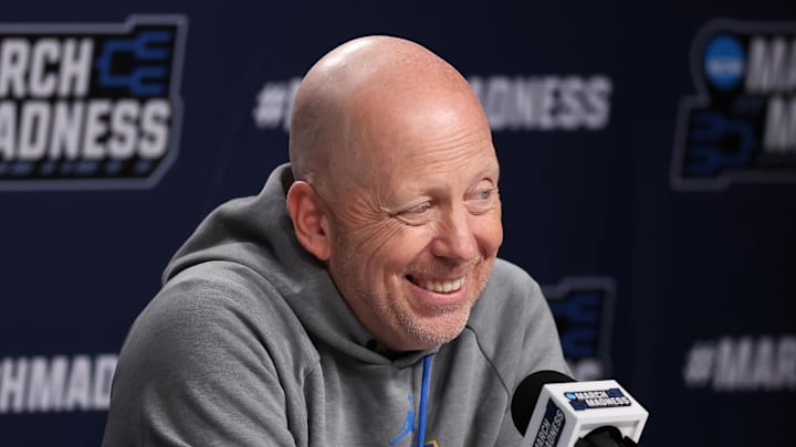 Mar 19, 2026; Philadelphia, PA, USA; UCLA Bruins head coach Mick Cronin speaks with the media before a practice session ahead of the first round of the men's 2026 NCAA Tournament at Xfinity Mobile Arena. Mandatory Credit: Bill Streicher-Imagn Images