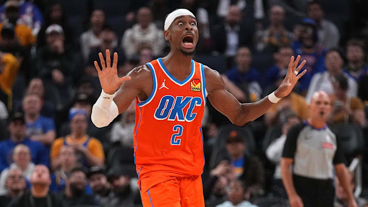 Dec 2, 2025; San Francisco, California, USA; Oklahoma City Thunder guard Shai Gilgeous-Alexander (2) reacts after the ball went out of bounds against the Golden State Warriors in the fourth quarter at the Chase Center. Mandatory Credit: Cary Edmondson-Imagn Images