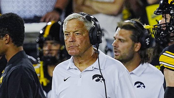 Iowa Hawkeyes head coach Kirk Ferentz watches from the sideline during the third quarter of the Cy-Hawk Series football game against Iowa State at Kinnick Stadium on Sept. 12, 2026, in Iowa City, Iowa. Iowa Hawkeyes head coach Kirk Ferentz watches from the sideline during the third quarter of the Cy-Hawk Series football game against Iowa State at Kinnick Stadium on Sept. 12, 2026, in Iowa City, Iowa.