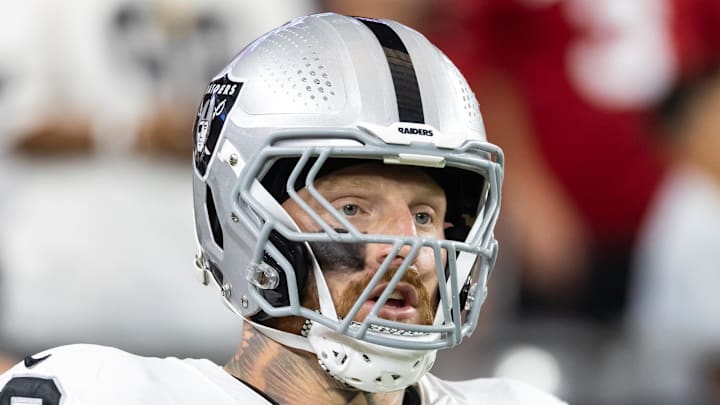Aug 23, 2025; Glendale, Arizona, USA; Las Vegas Raiders defensive end Maxx Crosby (98) against the Arizona Cardinals during a preseason NFL game at State Farm Stadium. Mandatory Credit: Mark J. Rebilas-Imagn Images