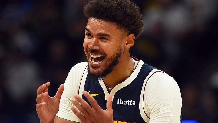 Oct 25, 2025; Denver, Colorado, USA; Denver Nuggets forward Cameron Johnson (23) reacts after being called for a foul during the first half against the Phoenix Suns at Ball Arena. Mandatory Credit: Christopher Hanewinckel-Imagn Images