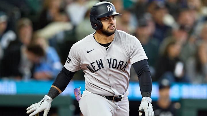 May 14, 2025; Seattle, Washington, USA; New York Yankees left fielder Jasson Dominguez (24) hits an RBI doube against the Seattle Mariners during the sixth inning at T-Mobile Park. Mandatory Credit: John Froschauer-Imagn Images May 14, 2025; Seattle, Washington, USA; New York Yankees left fielder Jasson Dominguez (24) hits an RBI doube against the Seattle Mariners during the sixth inning at T-Mobile Park. Mandatory Credit: John Froschauer-Imagn Images