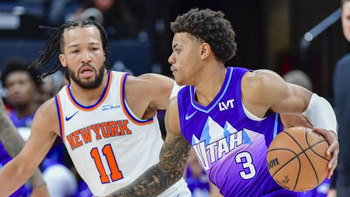 Nov 23, 2024; Salt Lake City, Utah, USA; Utah Jazz guard Keyonte George (3) dribbles the ball against New York Knicks guard Jalen Brunson (11) during the first half at the Delta Center. Mandatory Credit: Christopher Creveling-Imagn Images Nov 23, 2024; Salt Lake City, Utah, USA; Utah Jazz guard Keyonte George (3) dribbles the ball against New York Knicks guard Jalen Brunson (11) during the first half at the Delta Center. Mandatory Credit: Christopher Creveling-Imagn Images