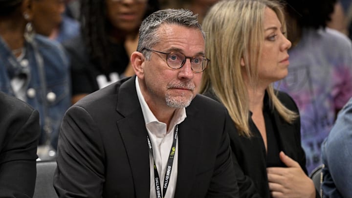 Aug 1, 2025; Dallas, Texas, USA; Dallas Wings general manager Curt Miller during the game between the Dallas Wings and the Indiana Fever at the American Airlines Center. Mandatory Credit: Jerome Miron-Imagn Images