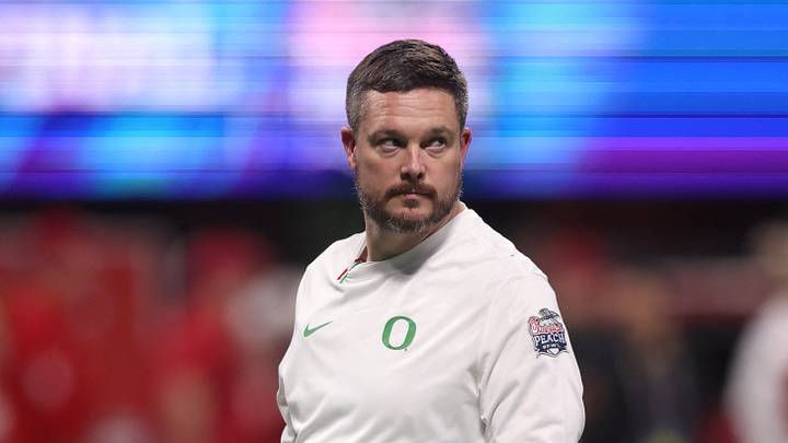 Jan 9, 2026; Atlanta, GA, USA; Oregon Ducks head coach Dan Lanning on the field prior to the 2025 Peach Bowl and semifinal game of the College Football Playoff against the Indiana Hoosiers at Mercedes-Benz Stadium. Jan 9, 2026; Atlanta, GA, USA; Oregon Ducks head coach Dan Lanning on the field prior to the 2025 Peach Bowl and semifinal game of the College Football Playoff against the Indiana Hoosiers at Mercedes-Benz Stadium.