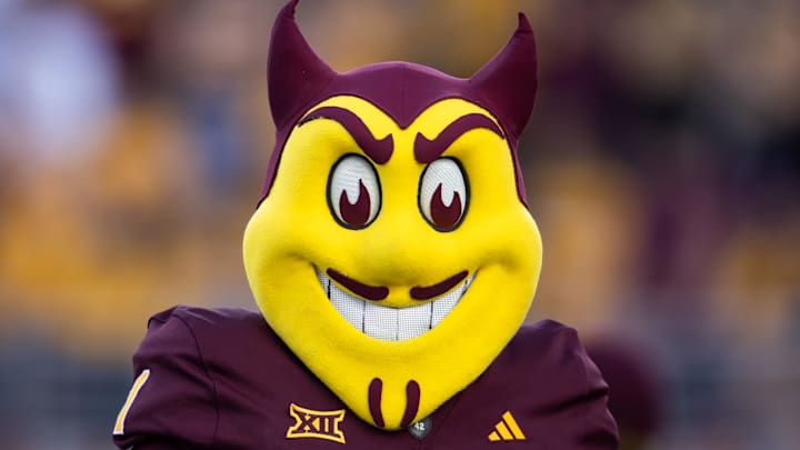 Nov 23, 2024; Tempe, Arizona, USA; Arizona State Sun Devils mascot Sparky at Mountain America Stadium. Mandatory Credit: Mark J. Rebilas-Imagn Images
