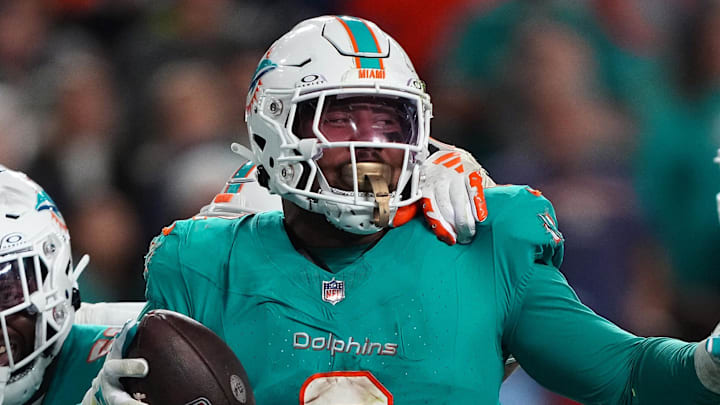 Dec 11, 2023; Miami Gardens, Florida, USA; Miami Dolphins linebacker Bradley Chubb (2) celebrates after recovering the fumble of Tennessee Titans running back Derrick Henry (not pictured) during the second half at Hard Rock Stadium. Mandatory Credit: Jasen Vinlove-Imagn Images