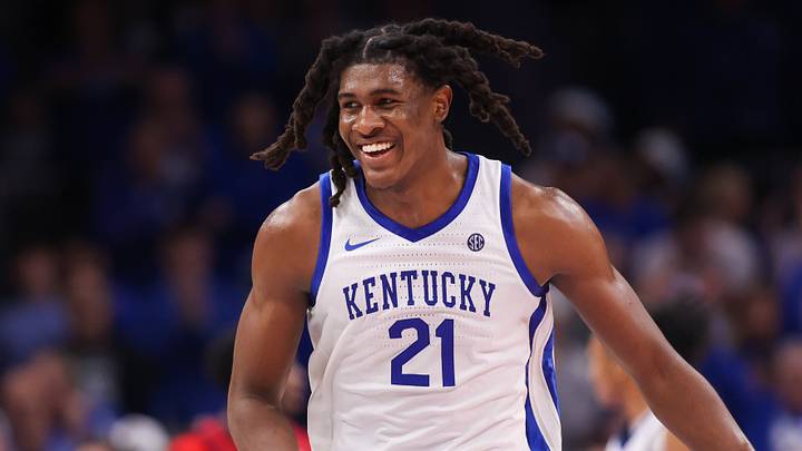 Dec 20, 2025; Atlanta, Georgia, USA; Kentucky Wildcats forward Jayden Quaintance (21) shows emotion against the St. John Red Storm in the second half at State Farm Arena. Mandatory Credit: Brett Davis-Imagn Images