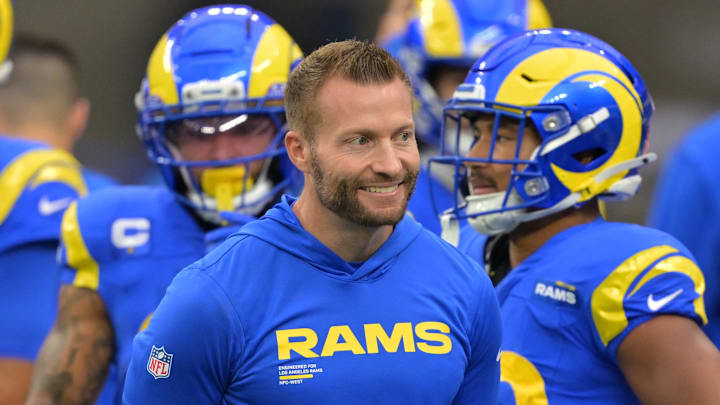 Jan 4, 2026; Inglewood, California, USA;  Los Angeles Rams head coach Sean McVay on the field prior to a game against the Arizona Cardinals at SoFi Stadium. Mandatory Credit: Jayne Kamin-Oncea-Imagn Images