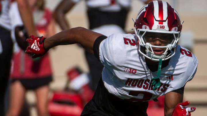 Indiana's Byron Baldwin Jr. (2) at Indiana University football practice on Tuesday, Aug. 5, 2025.