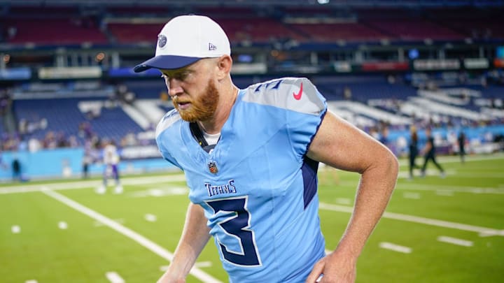 Tennessee Titans punter Johnny Hekker (3) exits the field after an NFL pre-season game against the Minnesota Vikings at Nissan Stadium in Nashville, Tenn., Friday, Aug. 22, 2025.