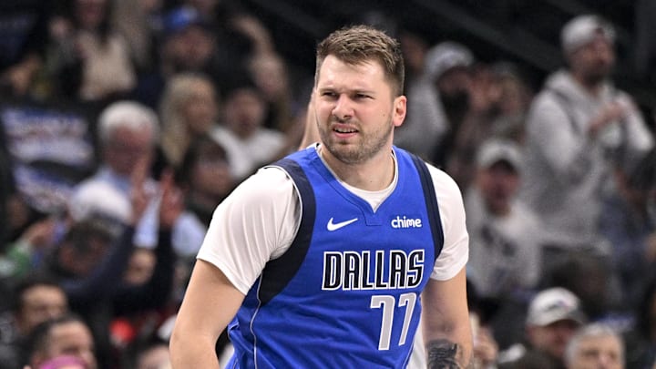 Dec 25, 2024; Dallas, Texas, USA; Dallas Mavericks guard Luka Doncic (77) celebrates during the game between the Dallas Mavericks and the Minnesota Timberwolves at the American Airlines Center. Mandatory Credit: Jerome Miron-Imagn Images