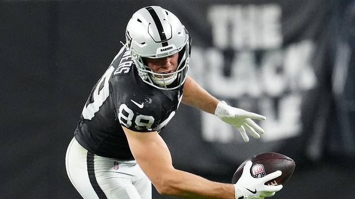 Nov 17, 2025; Paradise, Nevada, USA; Dallas Cowboys cornerback DaRon Bland (26) tackles Las Vegas Raiders tight end Brock Bowers (89) during the second half at Allegiant Stadium. Mandatory Credit: Stephen R. Sylvanie-Imagn Images