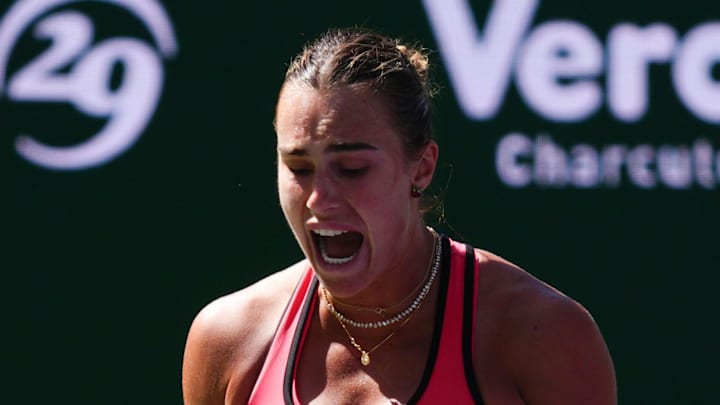 Aryna Sabalenka reacts to a missed shot Aryna Sabalenka reacts to a missed shot