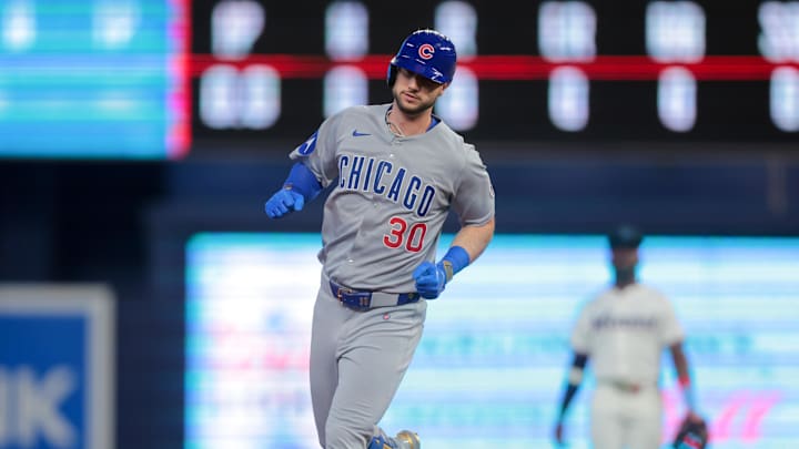 May 20, 2025; Miami, Florida, USA; Chicago Cubs right fielder Kyle Tucker (30) circles the bases after hitting a solo home run against the Miami Marlins during the first inning at loanDepot Park. 