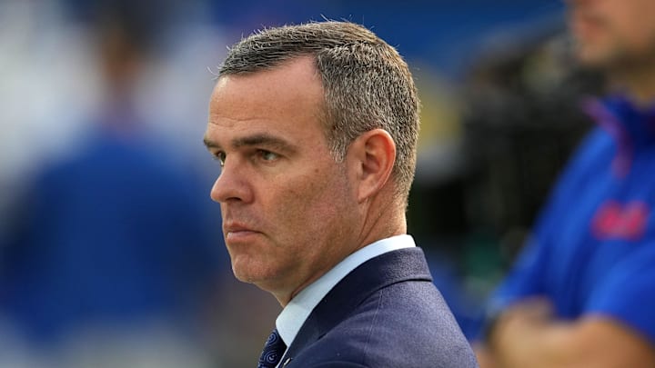 Dec 8, 2024; Inglewood, California, USA; Buffalo Bills general manager Brandon Beane reacts during the game against the Los Angeles Rams at SoFi Stadium. Mandatory Credit: Kirby Lee-Imagn Images