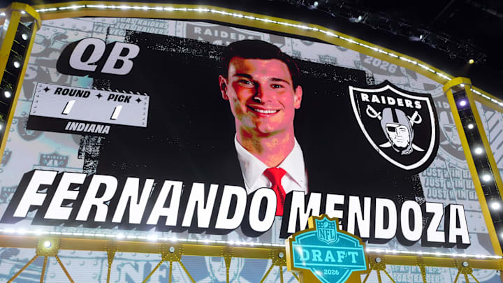 Apr 23, 2026; Pittsburgh, PA, USA; Indiana Hoosiers quarterback Fernando Mendoza is selected by the Las Vegas Raiders as the number one pick during the 2026 NFL Draft at Acrisure Stadium. Mandatory Credit: Kirby Lee-Imagn Images
