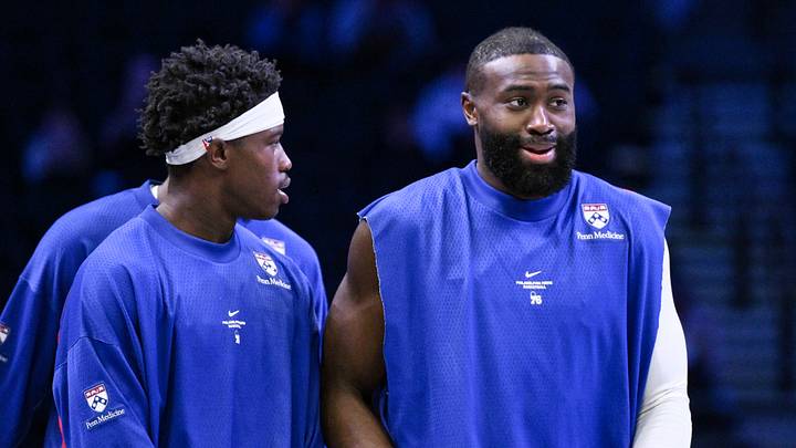 Oct 8, 2026; Brooklyn, New York, USA; Philadelphia 76ers guard VJ Edgecombe (77) and guard Jaylen Brown (7) talk before a game against the Brooklyn Nets at Barclays Center. Oct 8, 2026; Brooklyn, New York, USA; Philadelphia 76ers guard VJ Edgecombe (77) and guard Jaylen Brown (7) talk before a game against the Brooklyn Nets at Barclays Center.