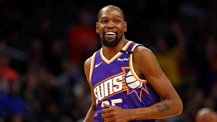 Mar 24, 2025; Phoenix, Arizona, USA; Phoenix Suns forward Kevin Durant (35) celebrates after a play during the fourth quarter against the Milwaukee Bucks at Footprint Center. Mandatory Credit: Mark J. Rebilas-Imagn Images