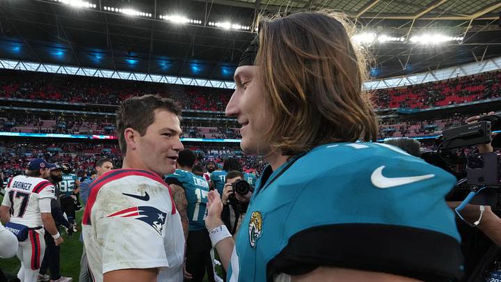 Oct 20, 2024; London, United Kingdom; New England Patriots quarterback Drake Maye (10) and Jacksonville Jaguars quarterback Trevor Lawrence (16) shake hands after an NFL International Series game at Wembley Stadium. Mandatory Credit: Kirby Lee-Imagn Images Oct 20, 2024; London, United Kingdom; New England Patriots quarterback Drake Maye (10) and Jacksonville Jaguars quarterback Trevor Lawrence (16) shake hands after an NFL International Series game at Wembley Stadium. Mandatory Credit: Kirby Lee-Imagn Images